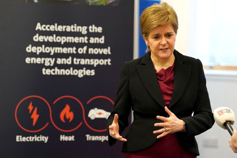 &copy; Reuters. FILE PHOTO: First Minister of Scotland Nicola Sturgeon speaks to the media during a visit to PNDC ahead of the publication of Scottish Government's Energy Strategy and Just Transition Plan, which sets out policies on domestic energy production and a plan 