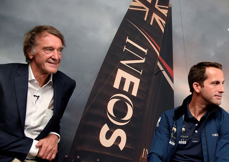 &copy; Reuters. FILE PHOTO: Jim Ratcliffe, CEO of British petrochemicals company INEOS poses for a photograph with British Olympic sailor Ben Ainslie, during a news conference to announce the launch of a British America's Cup sailing team in London, Britain, April 26, 20