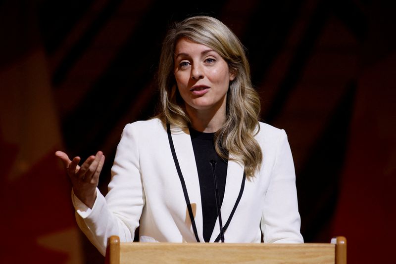 &copy; Reuters. FILE PHOTO: Canada's Minister of Foreign Affairs Melanie Joly speaks during a reception honouring the visit of the Chairperson of the African Union Commission Moussa Faki Mahamat in Gatineau, Quebec, Canada October 26, 2022. REUTERS/Blair Gable
