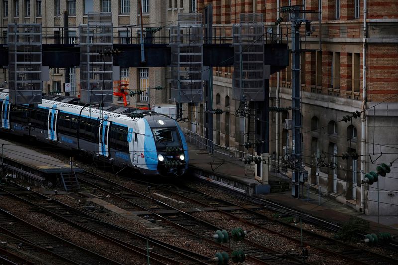 &copy; Reuters. A SNCF Express Regional (TER) trains is seen at the Saint-Lazare train station in Paris on the eve of a nationwide day of strike and protests in key sectors like energy, public transport, air travel and schools against the pension reform, France, January 