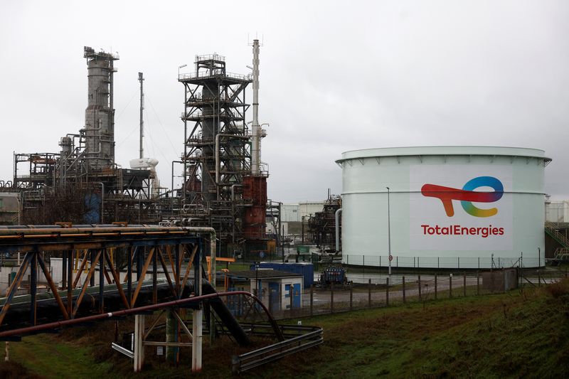 &copy; Reuters. The logo of French oil and gas company TotalEnergies is seen on an oil tank at TotalEnergies fuel depot in Mardyck near Dunkirk as France's trade unions announced a nationwide day of strike and protests in key sectors like energy, public transport, air tr