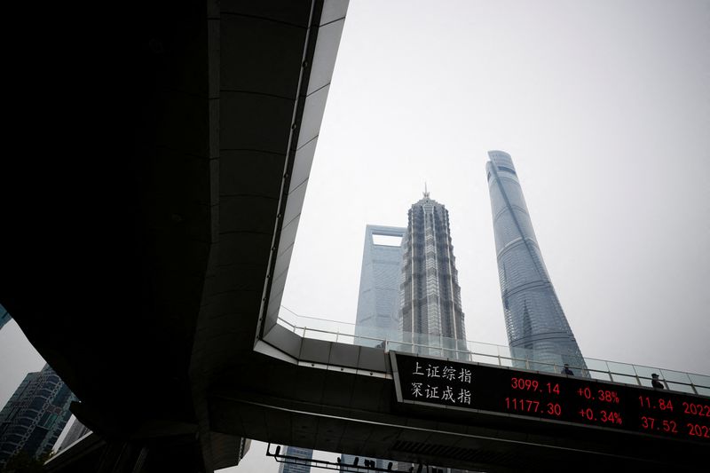 &copy; Reuters. FILE PHOTO: An electronic board shows Shanghai and Shenzhen stock indexes, at the Lujiazui financial district, following the coronavirus disease (COVID-19) outbreak, in Shanghai, China November 14, 2022. REUTERS/Aly Song