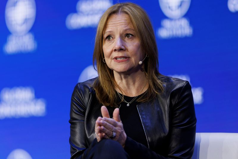 &copy; Reuters. FILE PHOTO: Mary Barra, Chair and CEO of General Motors Company speaks at the 2022 Milken Institute Global Conference in Beverly Hills, California, U.S., May 2, 2022.  REUTERS/Mike Blake