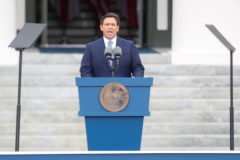 &copy; Reuters. FILE PHOTO: Florida's Governor Ron DeSantis gives a speech to those in attendance after taking the oath of office at his second term inauguration in Tallahassee, Florida, U.S. January 3, 2023.  REUTERS/Octavio Jones