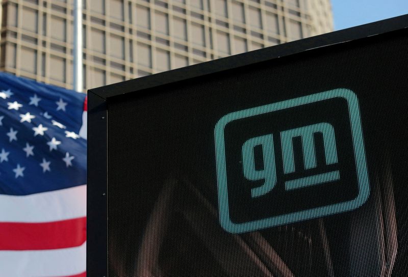 &copy; Reuters. FILE PHOTO: The new GM logo is seen on the facade of the General Motors headquarters in Detroit, Michigan, U.S., March 16, 2021. Picture taken March 16, 2021.  REUTERS/Rebecca Cook
