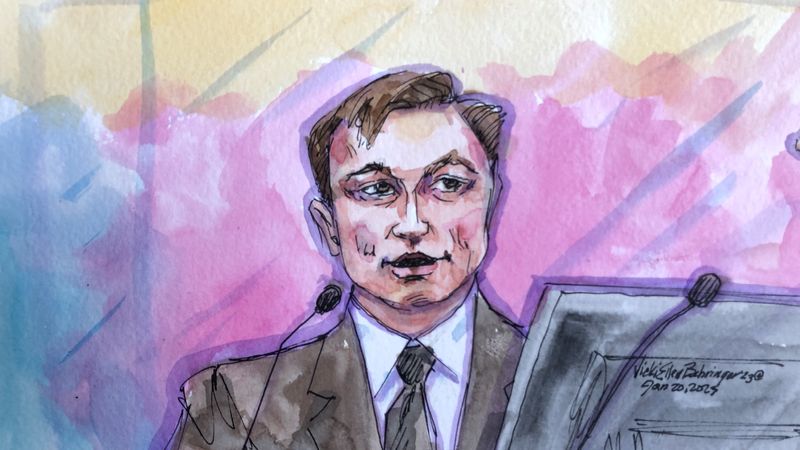 © Reuters. Tesla CEO Elon Musk testifies during a securities-fraud trial in San Francisco, California, U.S., January 20, 2023 in this courtroom sketch. REUTERS/Vicki Behringer