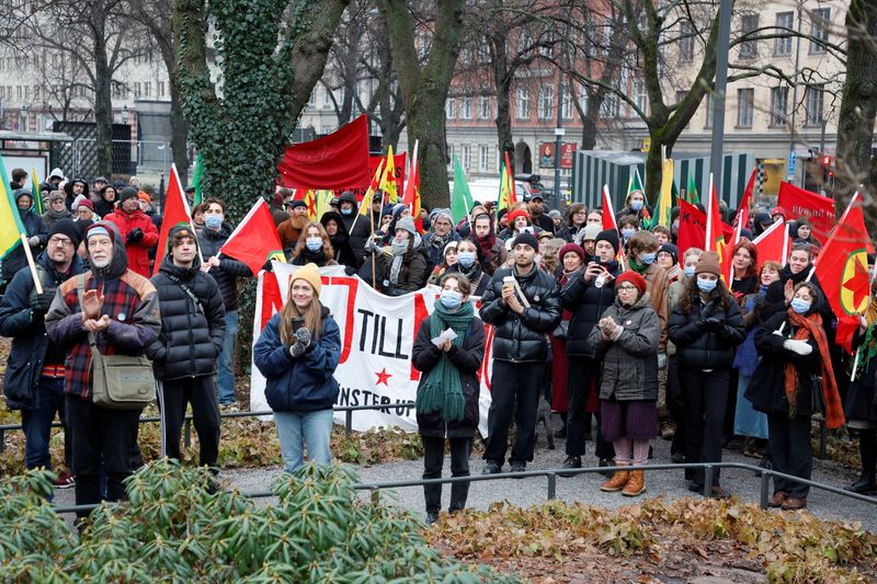 &copy; Reuters. A demonstration against Turkish President Recep Tayyip Erdogan and Sweden?s NATO bid, arranged by the Kurdish Democratic Society Center at Norra Bantorget in Stockholm, Sweden, January 21, 2023. Christine Olsson/TT News Agency/via REUTERS     