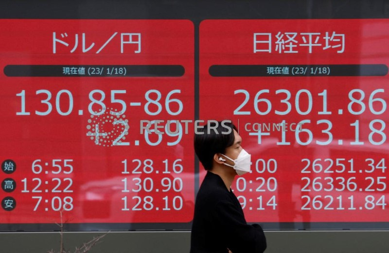 &copy; Reuters. Telão com informações sobre o índice Nikkei e o iene em corretora de Tóquio
18/01/2023. REUTERS/Issei Kato