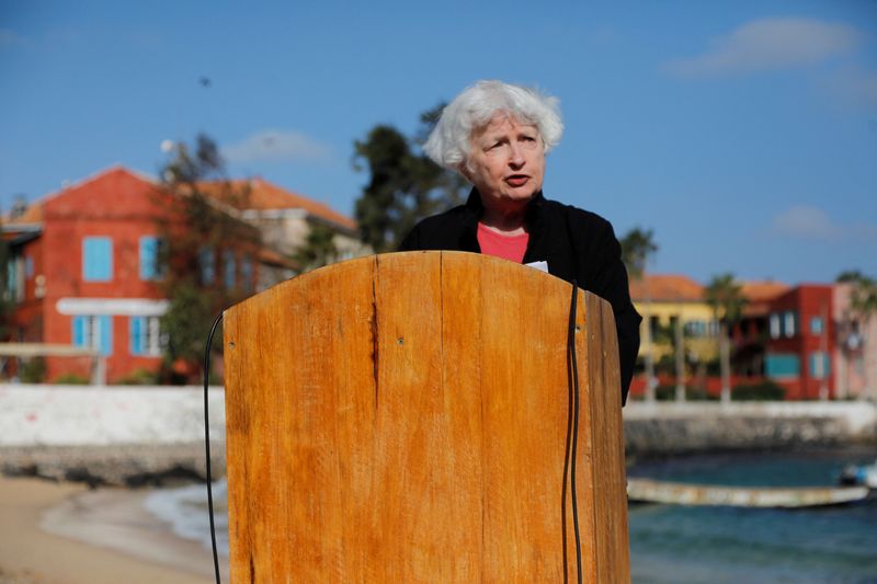 &copy; Reuters. U.S. Treasury Secretary Janet Yellen gives a speech after she visited the House of Slaves (Maison des Esclaves) at Goree Island off the coast of Dakar, Senegal January 21, 2023. REUTERS/Ngouda Dione