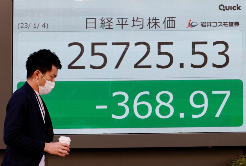 &copy; Reuters. شخص يسير أمام شاشة إلكترونية تعرض بيانات مؤشر نيكي الياباني خارج شركة للوساطة المالية في طوكيو في الرابع من يناير كانون الثاني 2023. تصوير: كي