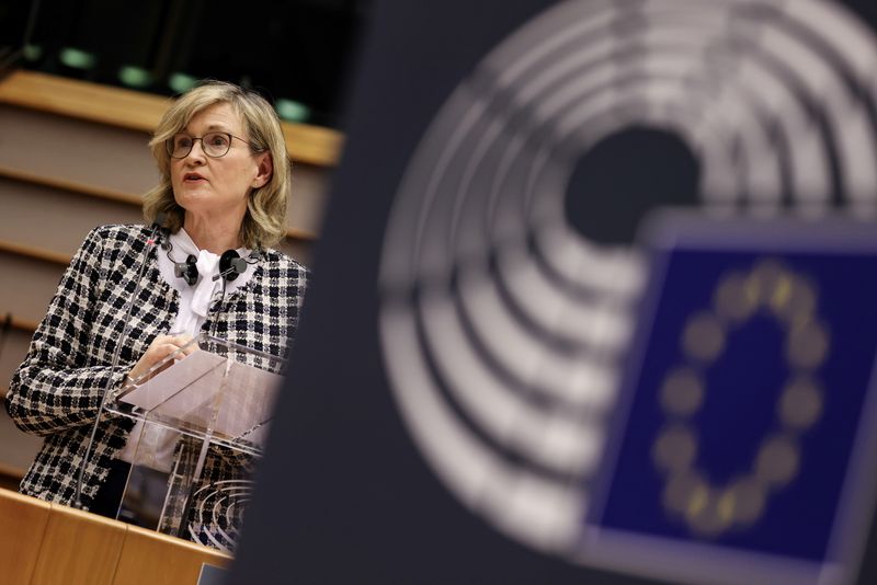 &copy; Reuters. Mairead McGuinness, EU commissioner of financial services, financial stability and Capital Markets Union speaks during the European Parliament's plenary session in Brussels, Belgium November 23, 2020. Kenzo Tribouillard/Pool via REUTERS