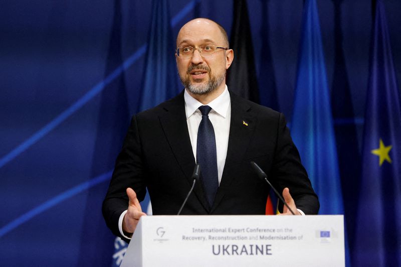 &copy; Reuters. FILE PHOTO: Ukrainian Prime Minister Denys Shmyhal speaks during a cnference on the post-war reconstruction of Ukraine, in Berlin, Germany, October 25, 2022. REUTERS/Michele Tantussi/File Photo