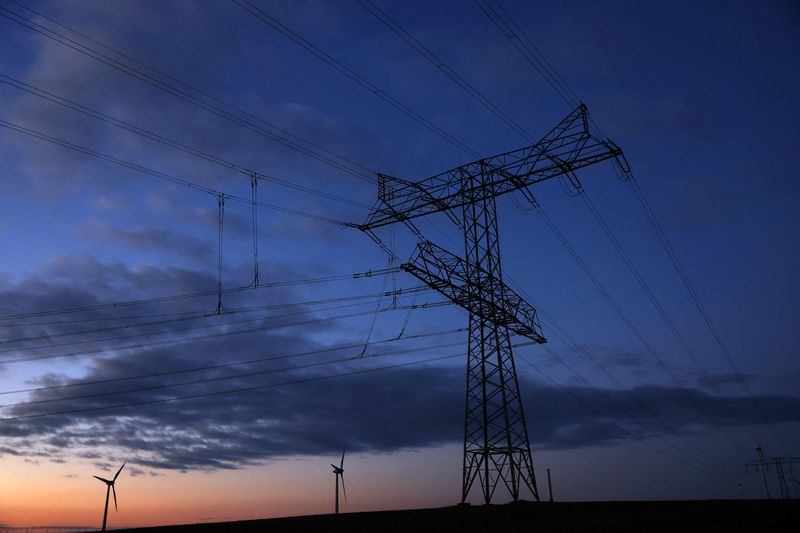 &copy; Reuters. FILE PHOTO-An electrical power pylon with high-voltage power lines is seen next to wind turbines near Weselitz, Germany November 18, 2022. REUTERS/Lisi Niesner