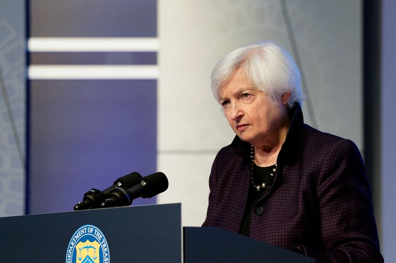 &copy; Reuters. FILE PHOTO: U.S. Treasury Secretary Janet Yellen listens to a reporter's question at a news conference during the Annual Meetings of the International Monetary Fund and World Bank in Washington, U.S., October 14, 2022. REUTERS/Elizabeth Frantz/File Photo
