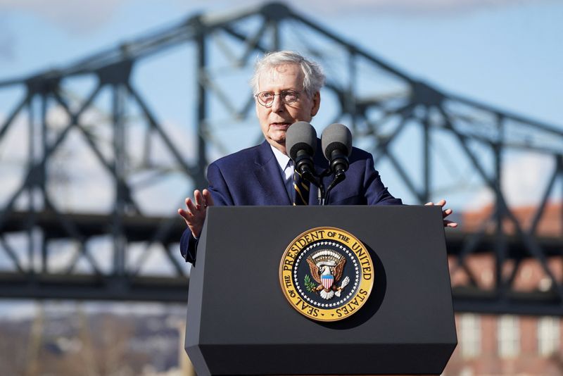 &copy; Reuters. U.S. Senate Republican Leader Mitch McConnell (R-KY) speaks during an event to tout the new Brent Spence Bridge over the Ohio River between Covington, Kentucky and Cincinnati, Ohio near the bridge in Covington, Kentucky, U.S., January 4, 2023. REUTERS/Kev