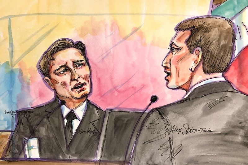 © Reuters. Tesla CEO Elon Musk is questioned by his attorney Alex Spiro during a securities-fraud trial at federal court in San Francisco, California, U.S., January 24, 2023 in this courtroom sketch. REUTERS/Vicki Behringer