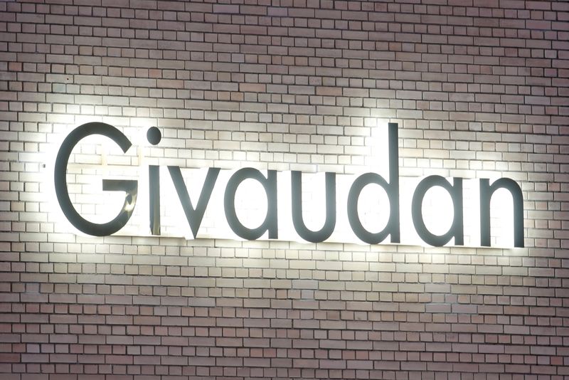 &copy; Reuters. FILE PHOTO: The logo of Swiss flavours and fragrances maker Givaudan is seen at its innovation center in Kemptthal, Switzerland January 10, 2020.    REUTERS/Arnd Wiegmann/File Photo