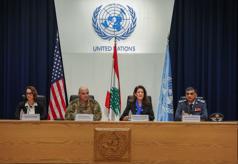 &copy; Reuters. United Nations Development Programme (UNDP) Resident Representative in Lebanon Melanie Hauenstein, Lebanon's Army Chief General Joseph Aoun, U.S. Ambassador to Lebanon Dorothy Shea and Director General of Internal Security Forces (ISF) Major General Imad 