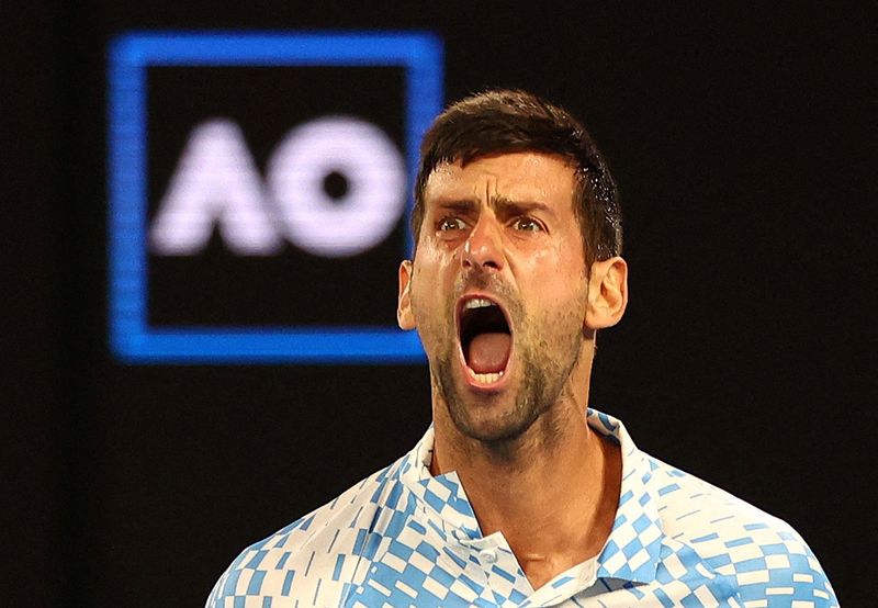 &copy; Reuters. Novak Djokovic comemora durante partida do Aberto da Austrália
25/01/2023
REUTERS/Hannah Mckay  