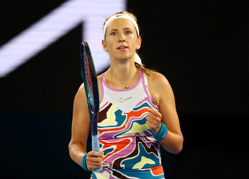 &copy; Reuters. Tennis - 24 de enero del  2023  Victoria Azarenka celebra triunfo frente a Jessica Pegula REUTERS/Carl Recine