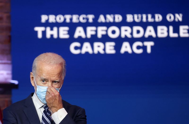 &copy; Reuters. FILE PHOTO: U.S. President-elect Joe Biden adjusts his face mask after during a news conference, where he discussed health care and the Affordable Care Act (Obamacare, at the theater serving as his transition headquarters in Wilmington, Delaware, U.S., No