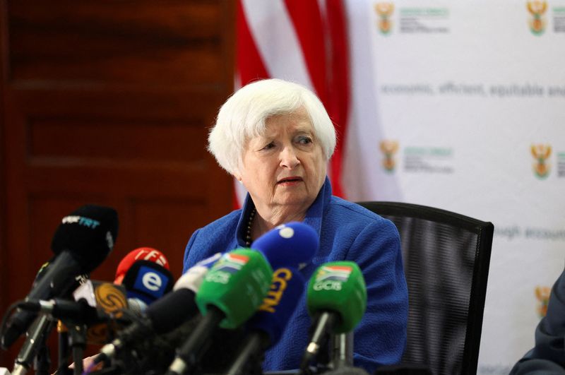 &copy; Reuters. FILE PHOTO: U.S. Treasury Secretary Janet Yellen attends media briefing ahead of bilateral talks with South Africa's Finance Minister Enoch Godongwana (not pictured), at the treasury offices in Pretoria, South Africa, January 26, 2023. REUTERS/Siphiwe Sib