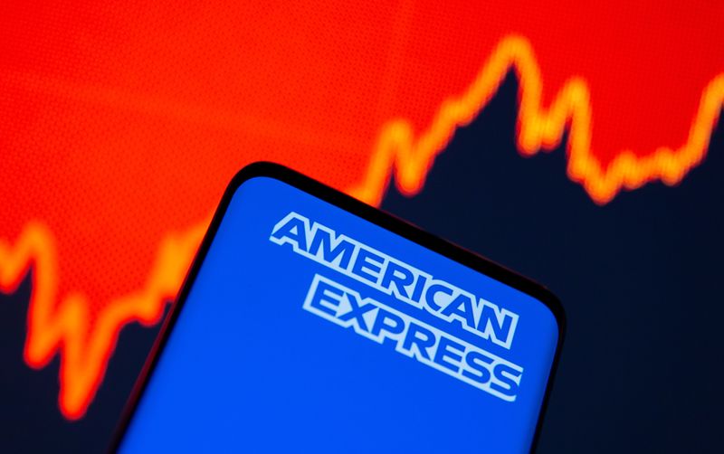 &copy; Reuters. Smartphone with American Express logo is seen in front of displayed stock graph in this illustration taken, July 15, 2021. REUTERS/Dado Ruvic/Illustration