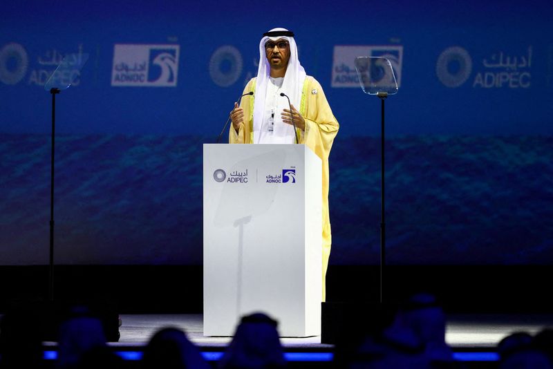 © Reuters. FILE PHOTO: United Arab Emirates' Industry Minister Sultan Ahmed Al Jaber speaks during the Abu Dhabi International Petroleum Exhibition and Conference (ADIPEC) in Abu Dhabi, United Arab Emirates, October 31, 2022. REUTERS/Amr Alfiky/File Photo