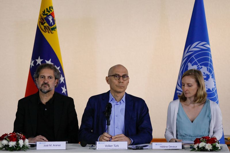 &copy; Reuters. United Nations High Commissioner for Human Rights (OHCHR) Volker Turk looks on next to Human Rights Reporting Officer Helene Devaux, and Jose M. Aranaz during a news conference in Caracas, Venezuela January 28, 2023. REUTERS/Leonardo Fernandez Viloria
