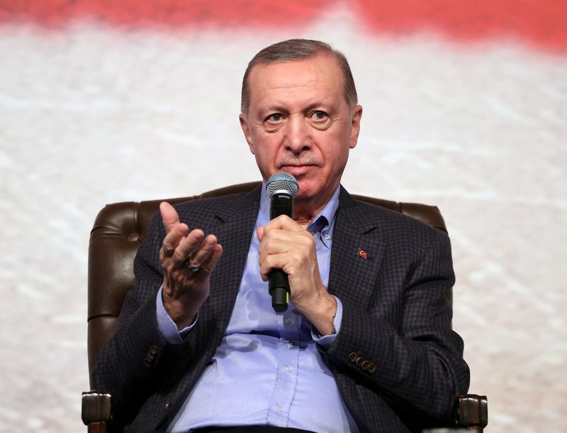 &copy; Reuters. الرئيس التركي رجب طيب أردوغان يتحدث في مؤتمر صحفي بمدينة في تركيا يوم الأحد في صورة حصلت عليها رويترز من المكتب الإعلامي للرئاسة التركية. (ي