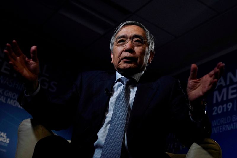 &copy; Reuters. FILE PHOTO: Bank of Japan (BOJ) Governor Haruhiko Kuroda, gestures as he replies a question during an interview with Reuters in Washington, U.S. October 19, 2019. REUTERS/Carlos Jasso