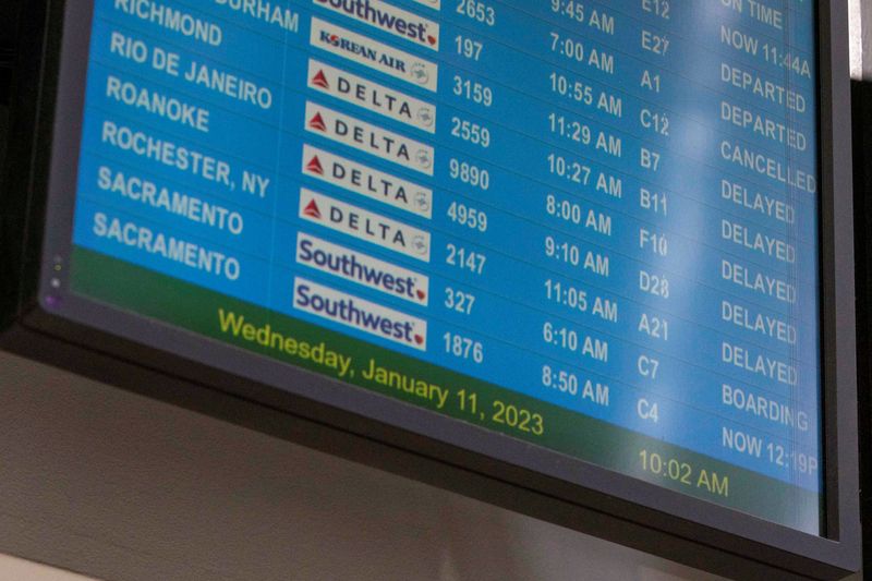 &copy; Reuters. FILE PHOTO: Status of the flights are displayed at Hartsfield-Jackson Atlanta International Airport after the Federal Aviation Administration (FAA) had ordered airlines to pause all domestic departures due to a system outage, in Atlanta, Georgia, U.S., Ja