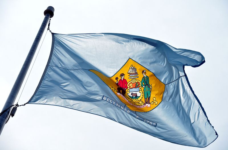 &copy; Reuters. FILE PHOTO: A view of the state of Delaware flag is seen flying at the Leonard L. Williams Justice Center (formerly New Castle County Courthouse) in Wilmington, Delaware, U.S., July 2, 2019. Picture taken July 2, 2019. REUTERS/Jason Minto