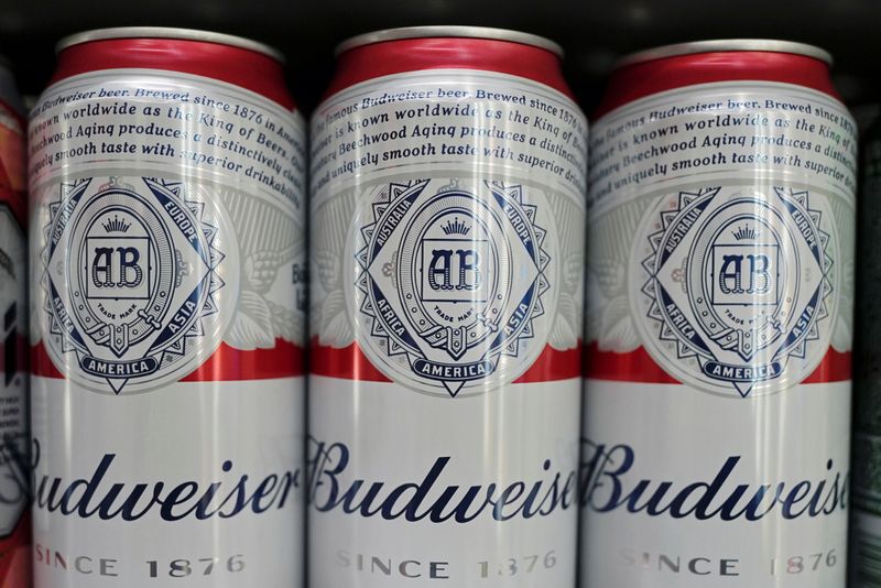 &copy; Reuters. FILE PHOTO: Cans of Budweiser beer are displayed on a supermarket shelf in Shanghai, China February 24, 2022. REUTERS/Aly Song