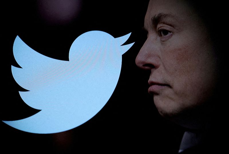 &copy; Reuters. FILE PHOTO: Twitter logo and a photo of Elon Musk are displayed through magnifier in this illustration taken October 27, 2022. REUTERS/Dado Ruvic/Illustration/