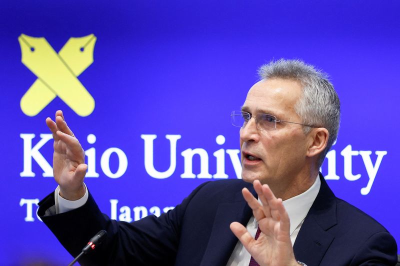&copy; Reuters. NATO Secretary General Jens Stoltenberg speaks during a session of a panel discussion and dialogue with students as he visits at Keio University in Tokyo, Japan February 1, 2023. REUTERS/Issei Kato