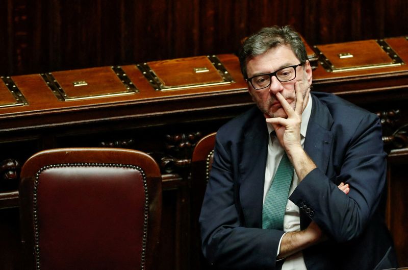 &copy; Reuters. FILE PHOTO: Italian Economy Minister Giancarlo Giorgetti looks on during a confidence vote over the 2023 budget at the lower house of the parliament, in Rome, Italy December 23, 2022. REUTERS/Remo Casilli/