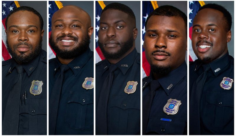 &copy; Reuters. FILE PHOTO: Officers who were terminated after their involvement in a traffic stop that ended with the death of Tyre Nichols, pose in a combination of undated photographs in Memphis, Tennessee, U.S. From left are officers Demetrius Haley, Desmond Mills, J