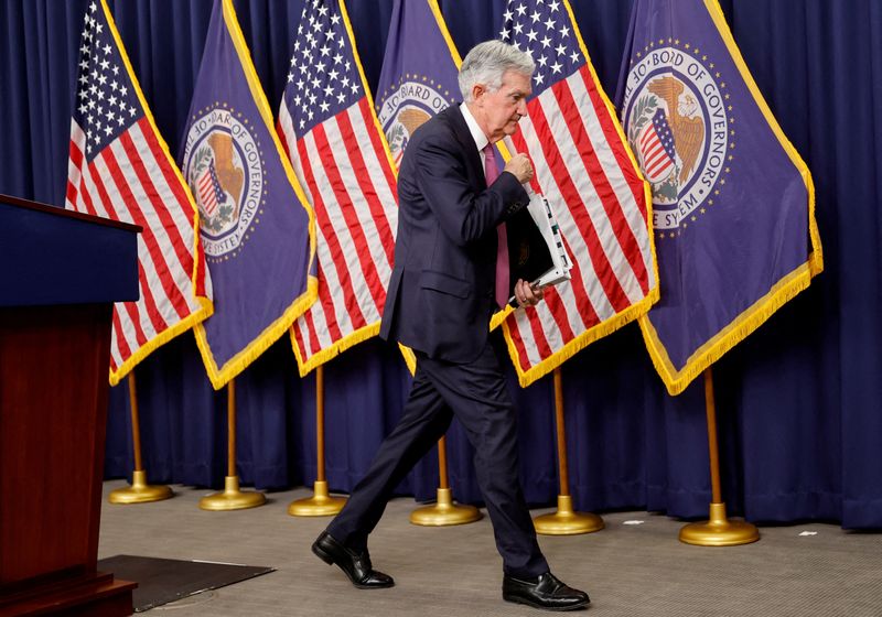 &copy; Reuters. U.S. Federal Reserve Chair Jerome Powell leaves after addressing reporters, after the Fed raised its target interest rate by a quarter of a percentage point, during a news conference at the Federal Reserve Building in Washington, U.S., February 1, 2023. R