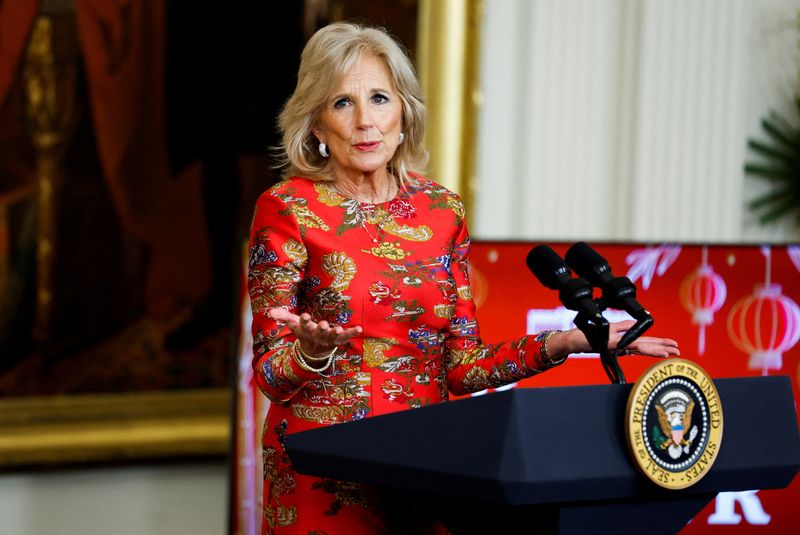 &copy; Reuters. FILE PHOTO: First lady Jill Biden speaks during a Lunar New Year reception in the East Room of the White House in Washington, U.S., January 26, 2023. REUTERS/Evelyn Hockstein