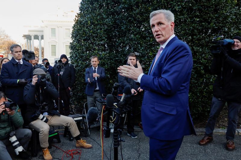 &copy; Reuters. U.S. House Speaker Kevin McCarthy (R-CA) speaks to reporters following his meeting with President Joe Biden about the looming debt ceiling issue at the White House in Washington, U.S. February 1, 2023.  REUTERS/Jonathan Ernst