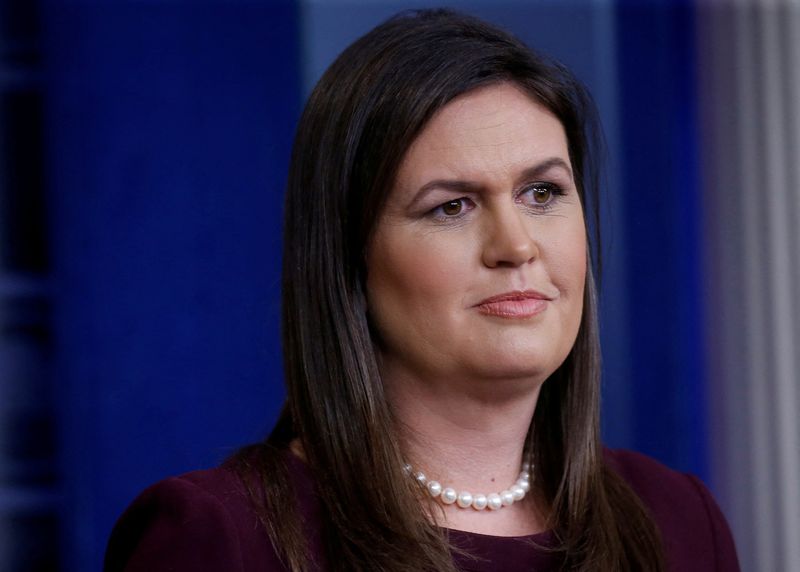 &copy; Reuters. FILE PHOTO: Republican Governor of Arkansas Sarah Huckabee Sanders, former White House press secretary, answers reporters' questions during a news conference in the White House briefing room in Washington, U.S., October 3, 2018. REUTERS/Leah Millis