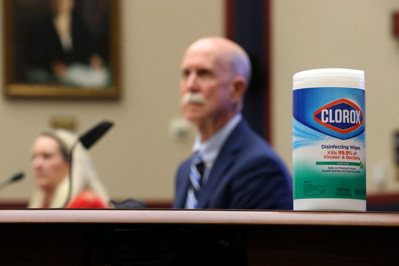 © Reuters. FILE PHOTO: Clorox wipes available for members of the House Committee on Education and Labor, their staff and witnesses, are pictured during a hearing about the federal government's role in protecting workers during the coronavirus disease (COVID-19) outbreak on Capitol Hill in Washington, U.S., May 28, 2020. Chip Somodevilla/Pool via REUTERS