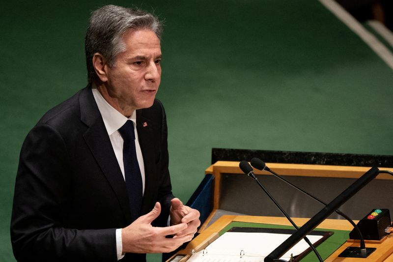 &copy; Reuters. FILE PHOTO: U.S. Secretary of State Antony Blinken addresses the United Nations General Assembly during the Nuclear Non-Proliferation Treaty review conference in New York City, New York, U.S., August 1, 2022.  REUTERS/David 'Dee' Delgado/File Photo