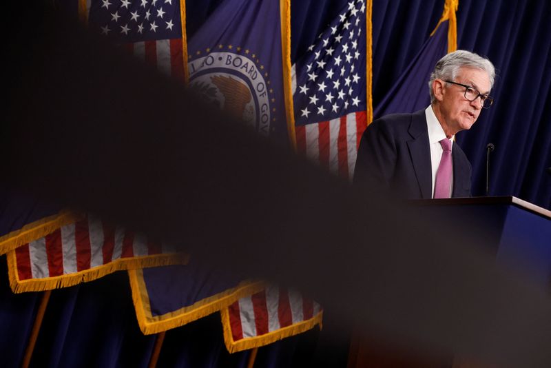 &copy; Reuters. FILE PHOTO: U.S. Federal Reserve Chair Jerome Powell addresses reporters after the Fed raised its target interest rate by a quarter of a percentage point, during a news conference at the Federal Reserve Building in Washington, U.S., February 1, 2023. REUT
