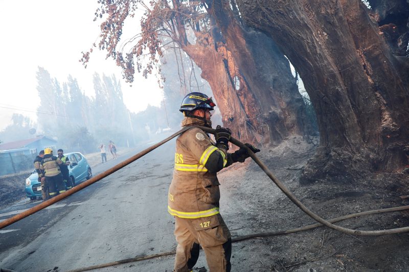 &copy; Reuters. Bombeiro combate incêndio florestal em Quillón, no Chile
02/02/2023
REUTERS/Juan Gonzalez