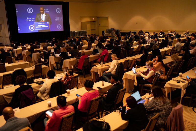 &copy; Reuters. Members of the Democratic National Committee listen to the Party chair of the Democratic Party Jaime Harrison speak during the Democratic National Committee winter meeting in Philadelphia, Pennsylvania, U.S., February  4, 2023. REUTERS/Hannah Beier