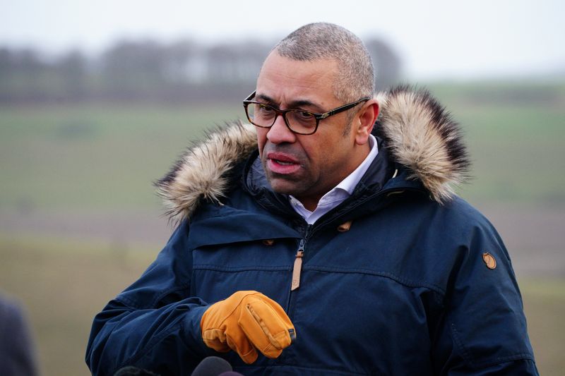 &copy; Reuters. FILE PHOTO: British Foreign Secretary James Cleverly speaks to the media during a visit to Salisbury Plain, where Australian Defence Forces are supporting the UK-led training of Ukrainian recruits, in Wiltshire, Britain February 1, 2023. Ben Birchall/Pool