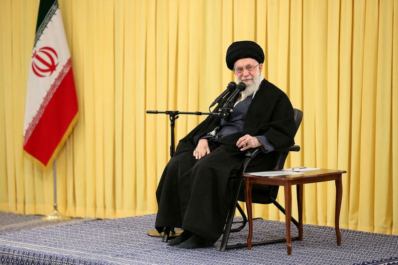 &copy; Reuters. FILE PHOTO: Iran's Supreme Leader Ayatollah Ali Khamenei speaks during a meeting with a group of girls who reached the age of puberty in Tehran, Iran February 3, 2023. Office of the Iranian Supreme Leader/WANA (West Asia News Agency)/Handout via REUTERS 