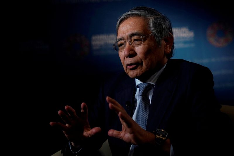 &copy; Reuters. FILE PHOTO: Bank of Japan (BOJ) Governor Haruhiko Kuroda, speaks during an interview with Reuters in Washington, U.S. October 19, 2019. REUTERS/Carlos Jasso/File Photo
